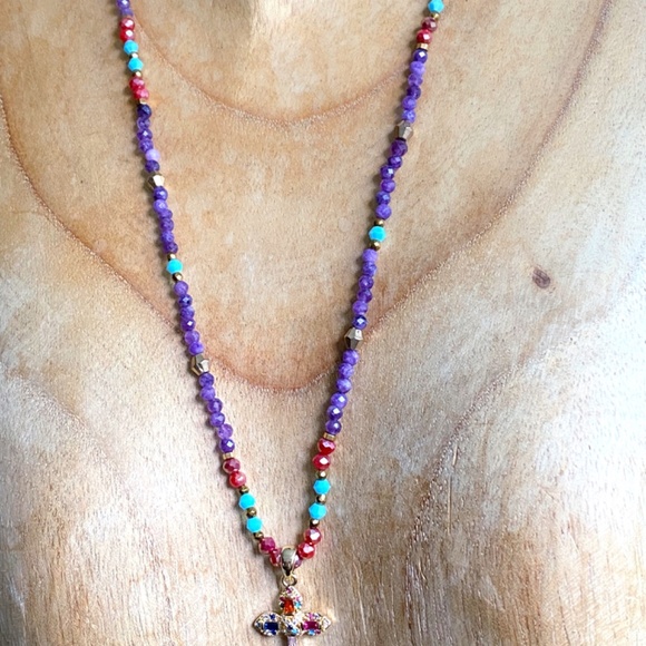 Purple Chalcedony with Austrian Crystals Christian Cross Necklace - Picture 7 of 11